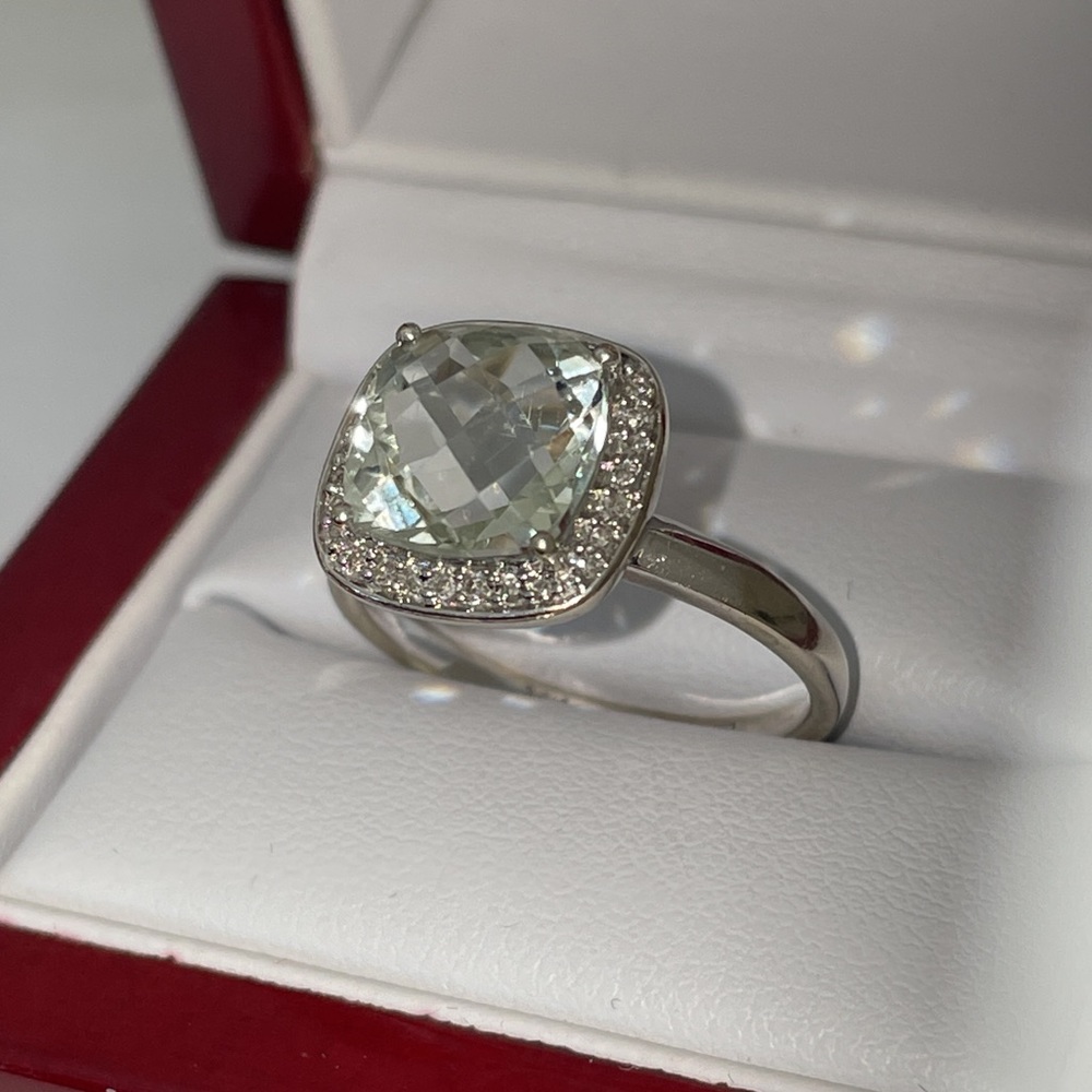 Dazzling White Gold Pale Green Prasiolite And Diamond Halo Ring - Picture 14 of 16